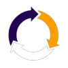 Circular icon with three arrows in purple, orange, and white forming a continuous loop.