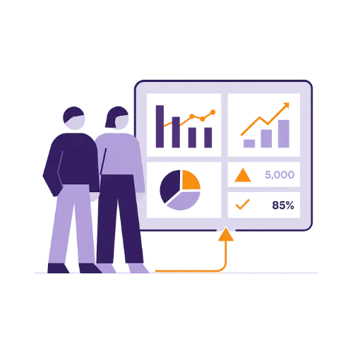 Two people standing and looking at a large screen showing bar graphs, pie chart, and statistics.