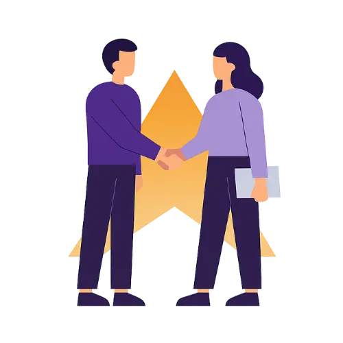 Illustration of a man and woman shaking hands with a large star behind them.