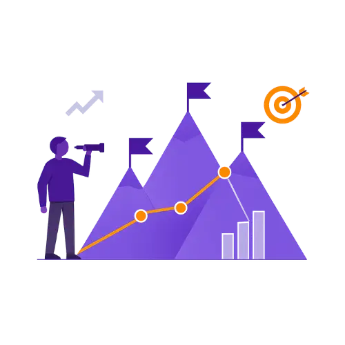 Person with telescope watching rising graph line over mountains with flags, bars, and target symbol.