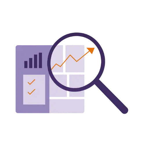 Magnifying glass over a grid with an upward trending orange line and checklist with check marks.
