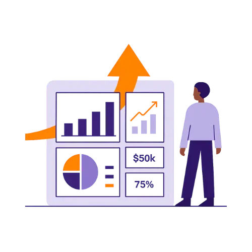Person standing next to a large dashboard with charts, graphs, and an upward orange arrow.