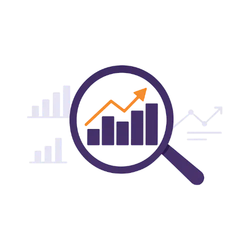 Magnifying glass focusing on a bar chart with an orange upward line graph showing growth.