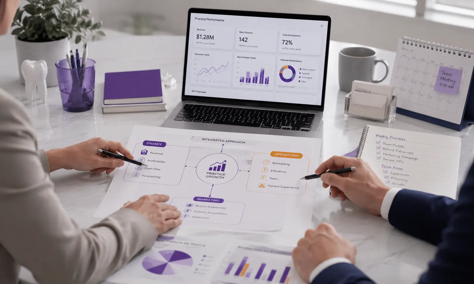 Two people pointing at a practice growth chart on paper with a laptop showing practice analytics on desk.