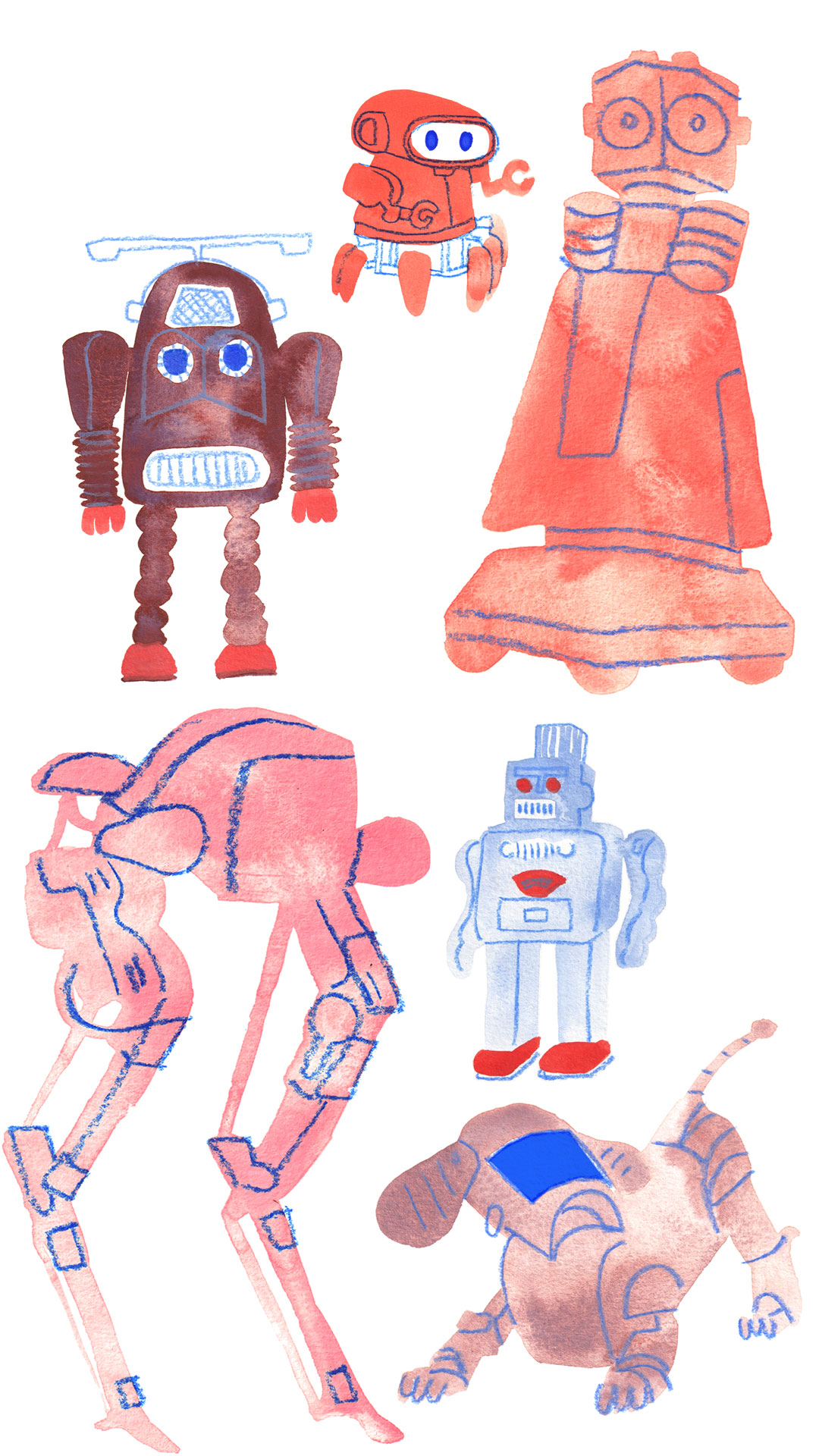 Illustration of six colorful robots in various shapes and postures on a white background.