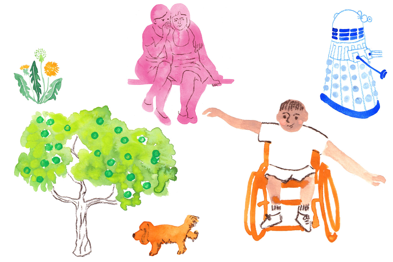 Watercolor illustrations of a boy in an orange wheelchair with outstretched arms, a couple whispering in pink, a small orange dog, a green tree with round fruits, a dandelion flower, and a blue robot.