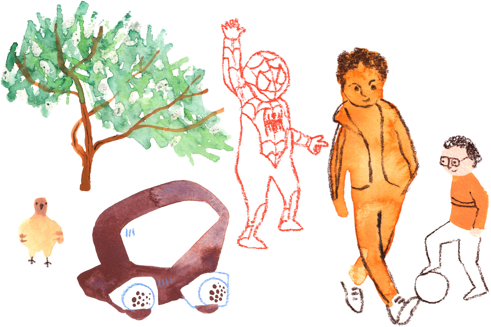 Watercolor illustration of a tree, a chick, an abstract car, a child in a Spider-Man costume, and two children playing with a ball.