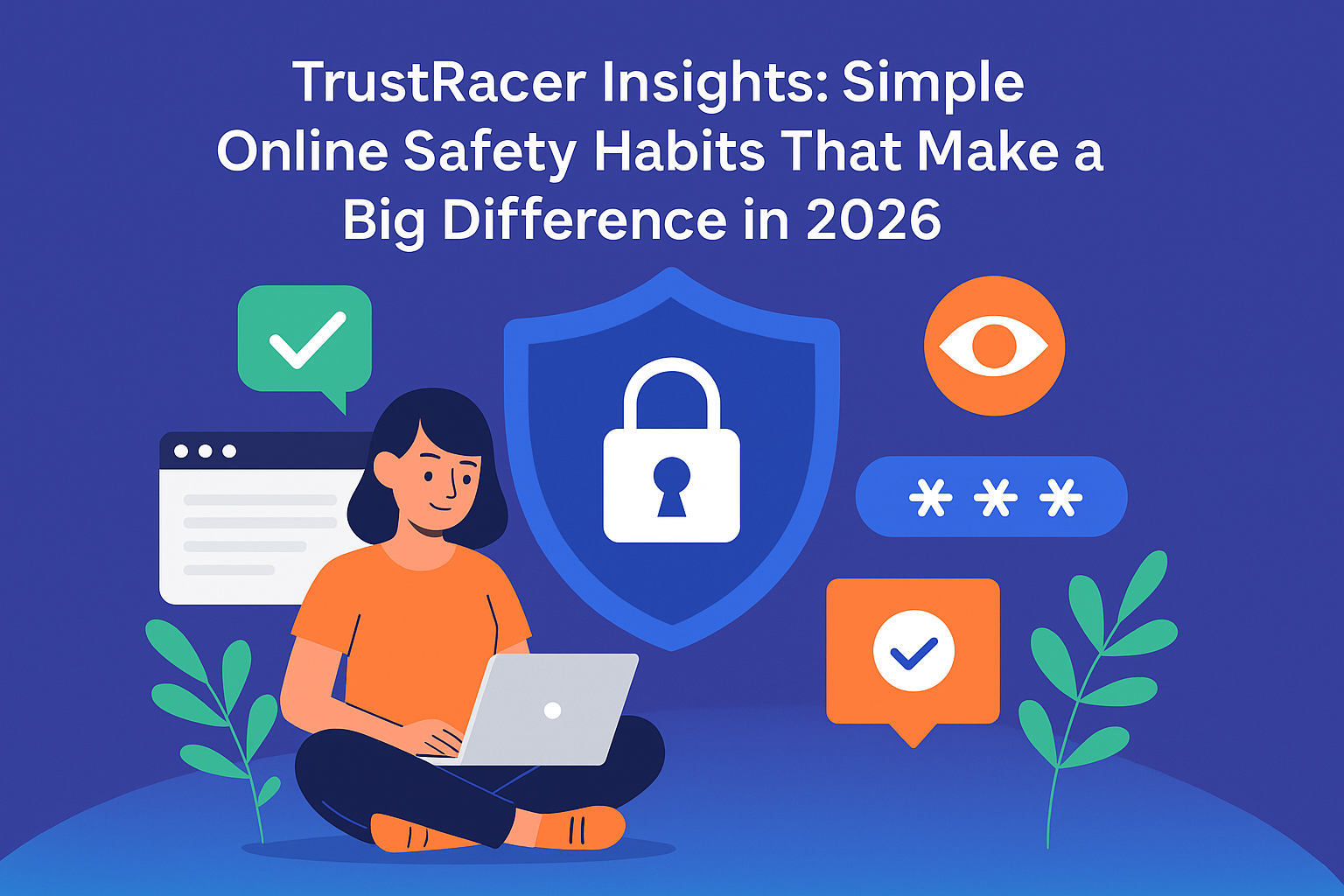 A modern 2D digital illustration of a person using a laptop surrounded by floating icons of a shield, lock, fingerprint, and globe, symbolizing online safety, cybersecurity, and data protection in 2026, in soft blue and white tones reflecting TrustRacer insights on digital security.