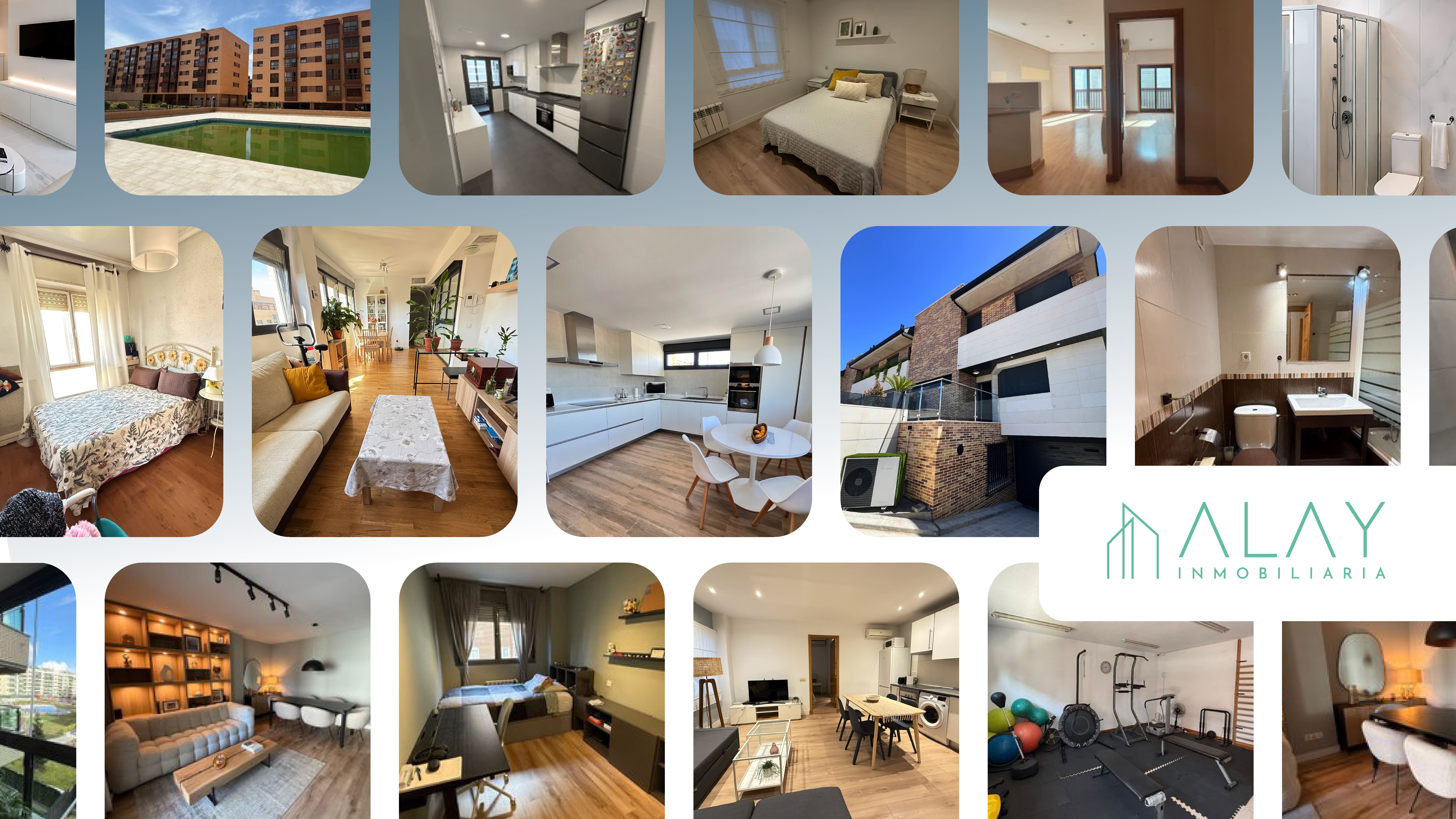 Collage de varias fotos inmobiliarias que muestran interiores modernos, dormitorios, cocinas, baños, salas de estar, un gimnasio, piscina al aire libre y exteriores de edificios con el logotipo de Alay Inmobiliaria.