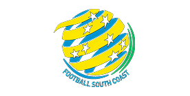 Blue and yellow striped soccer ball with white stars and the text 'FOOTBALL SOUTH COAST' beneath it on a black background.