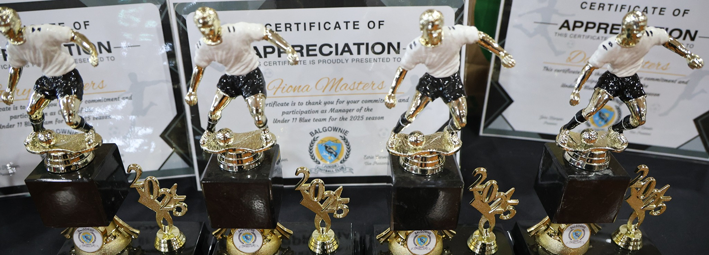 Four gold and black soccer trophies with figurines of players kicking balls, displayed in front of certificates of appreciation.