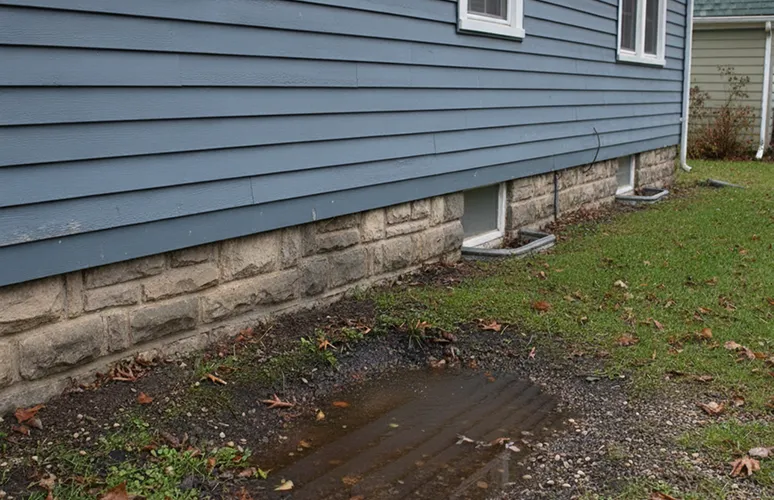 A puddle of water sits near the foundation of a house.