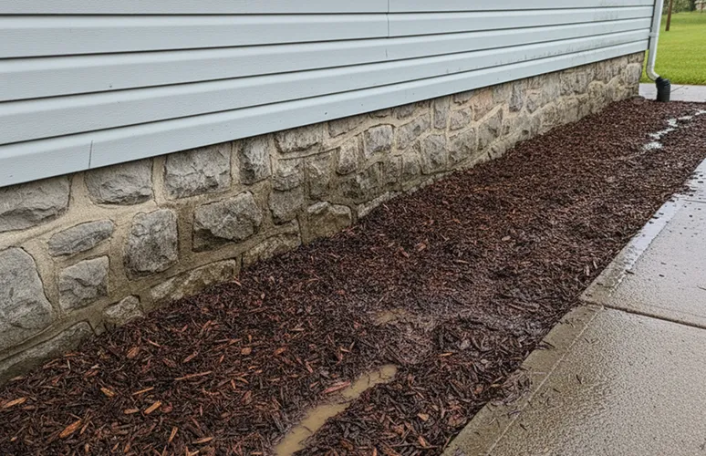 Mulch is spread along the edge of a stone foundation next to a concrete sidewalk, with some water pooling on the surface.
