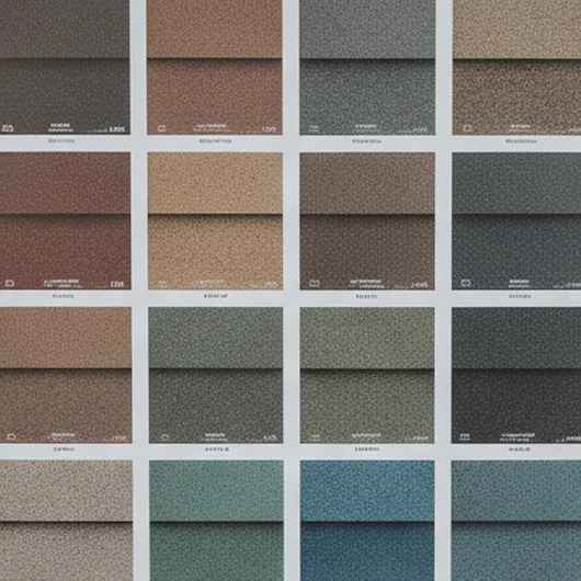 A color chart featuring multiple rows and columns of paint swatches of shingles, in various neutral and muted tones.