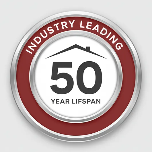 A circular badge with a house roof graphic, and text "Industry Leading 50 Year Lifespan".