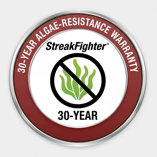 Circular emblem with a red border reading "30-Year Algae-Resistance Warranty" and a center graphic showing "StreakFighter".