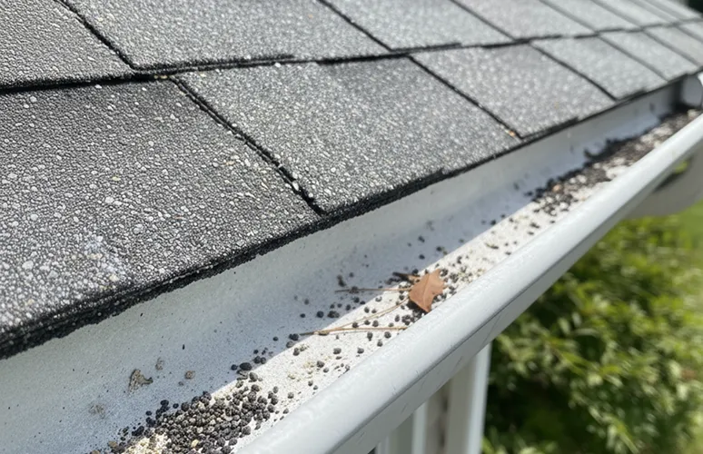 A house roof with asphalt shingles shows loose shingle granules and debris collected in the adjacent white rain gutter.