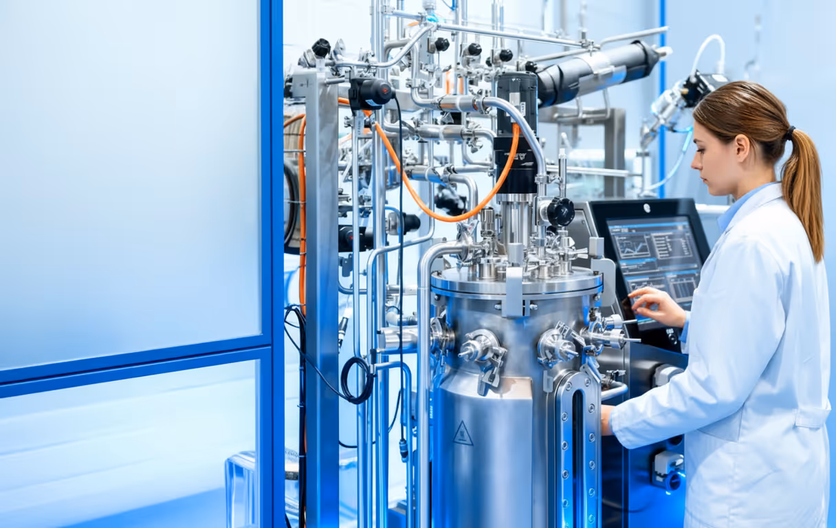 Woman scientist in a white lab coat operating a complex bioreactor machine with tubes and a digital control panel in a laboratory.
