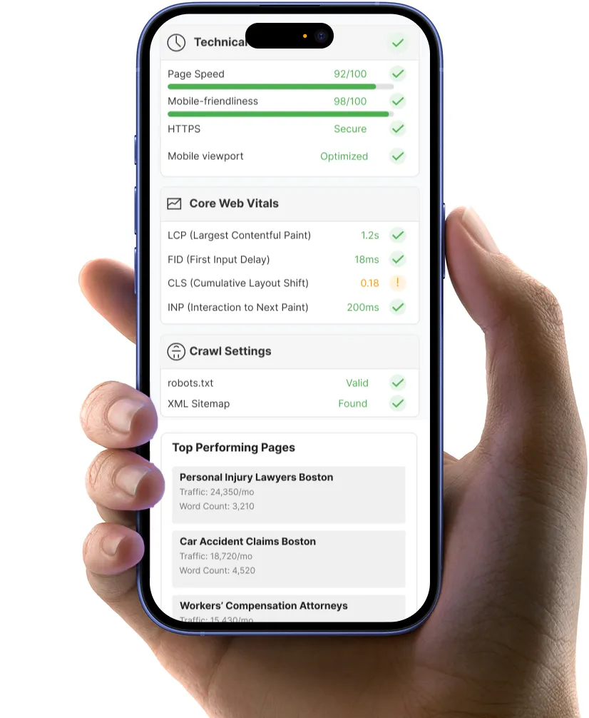 Hand holding a smartphone displaying technical SEO audit results and performance metrics