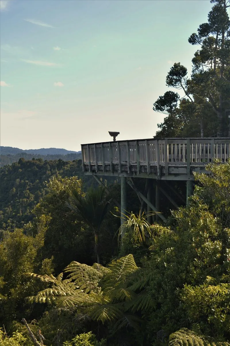 A wooden observation deck nestled among lush greenery, offering panoramic views of rolling hills under a clear sky.
