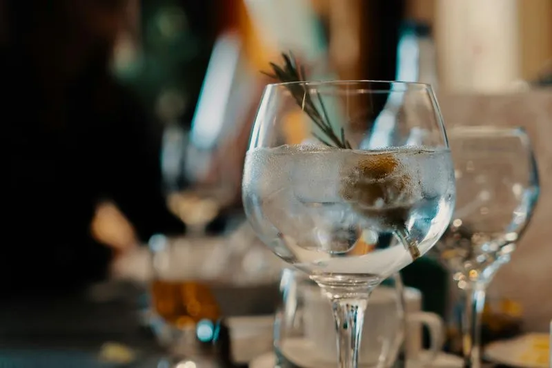 Close-up of a glass of clear liquid with a sprig of herbs, surrounded by blurred glasses on a table, creating a cozy dining atmosphere.