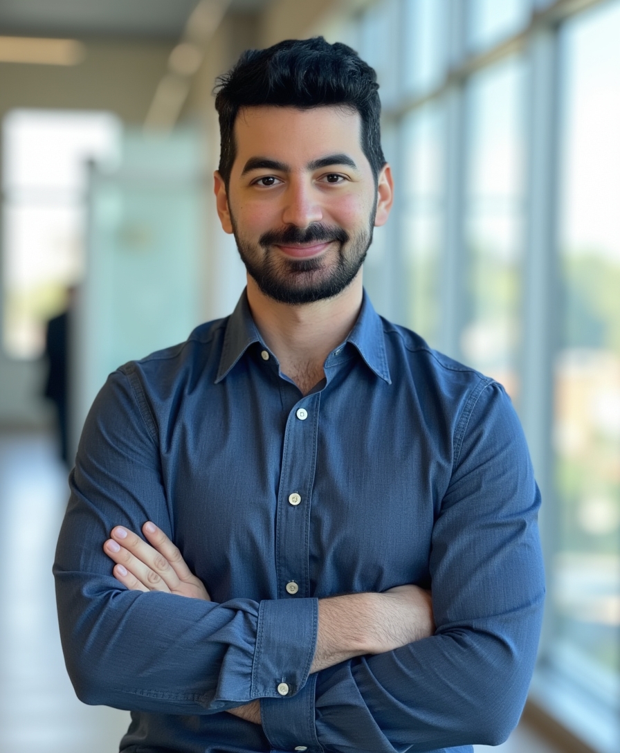 Smiling man with dark hair and beard wearing a blue buttoned shirt with arms crossed in a bright room with large windows.