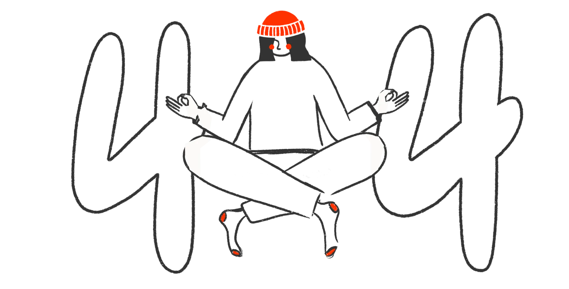 Illustration of a meditating person wearing a red beanie and black clothes, sitting cross-legged with stylized large black cactus shapes in the background. Page 404 image