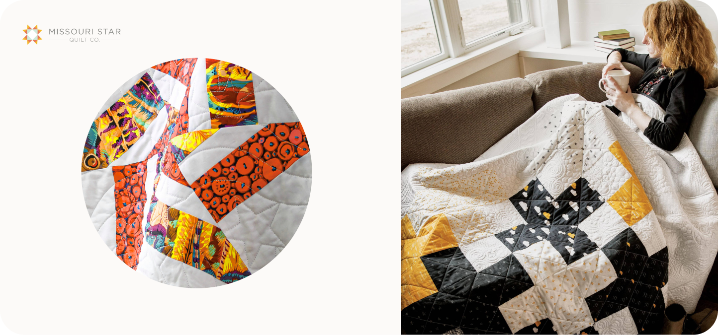 Missouri Star logo, a quilt, and a woman drinking tea while under a quilt