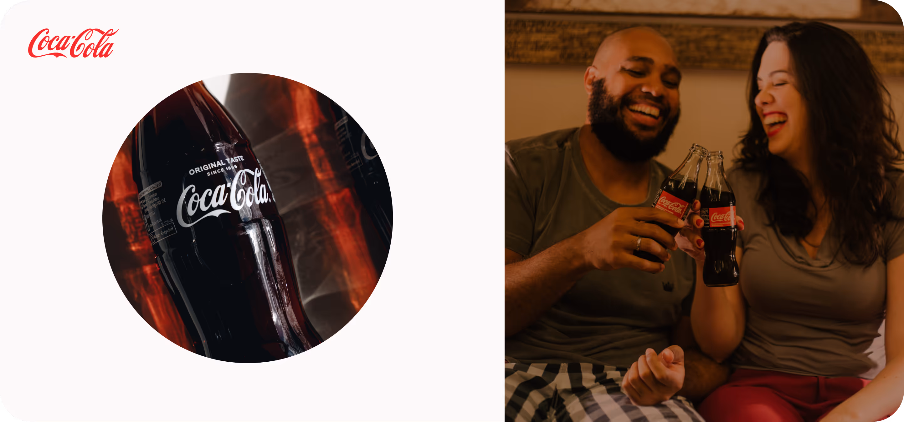 Coca-cola logo and bottle, and people drinking Coke.