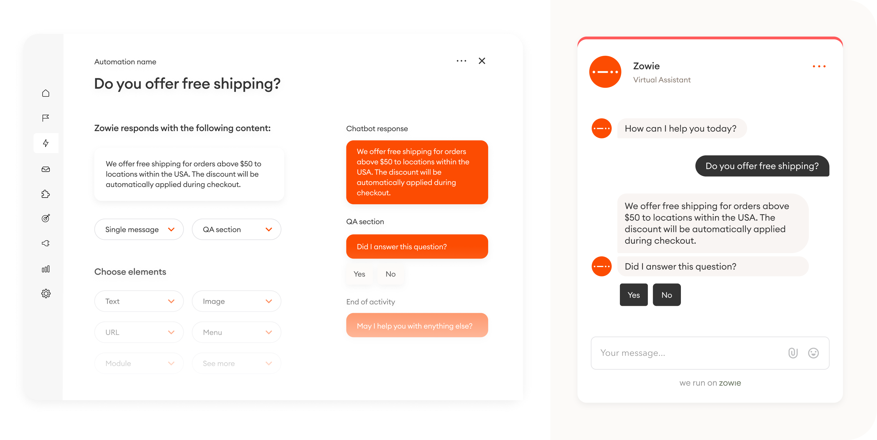 A screenshot of Zowie's chatbot and dashboard when a customer asks about free shipping