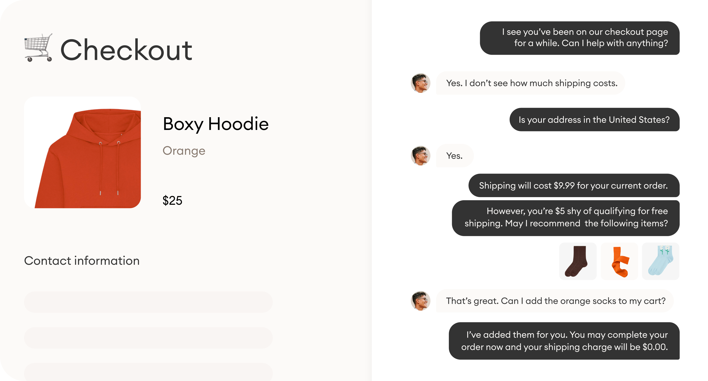 An AI chatbot conversation helping with checkout