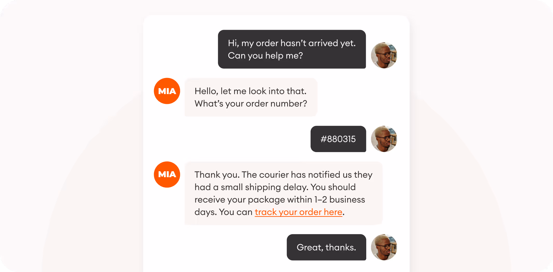 A chatbot conversation with a customer asking for order information