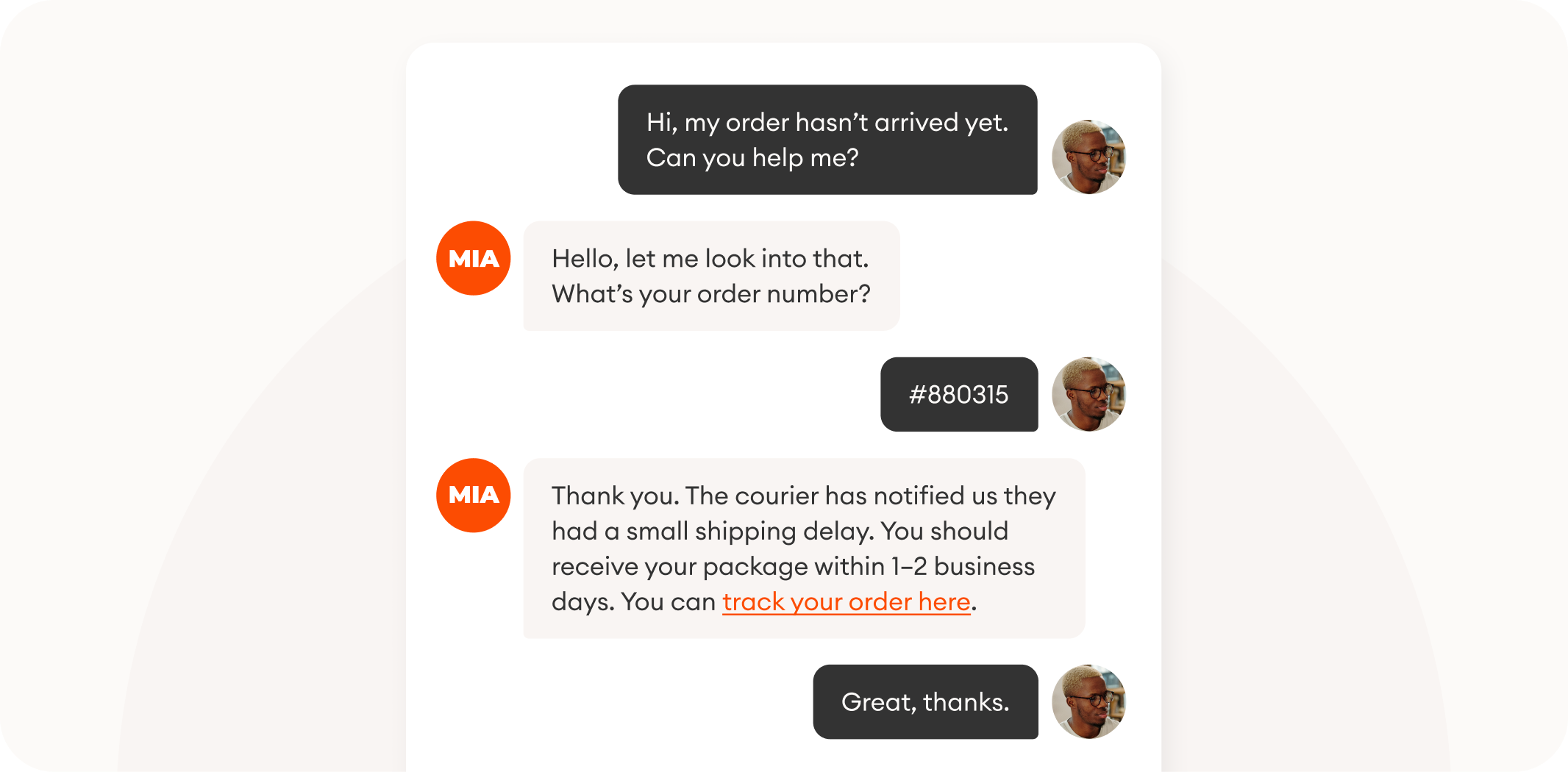 A chatbot conversation with a customer asking for order information