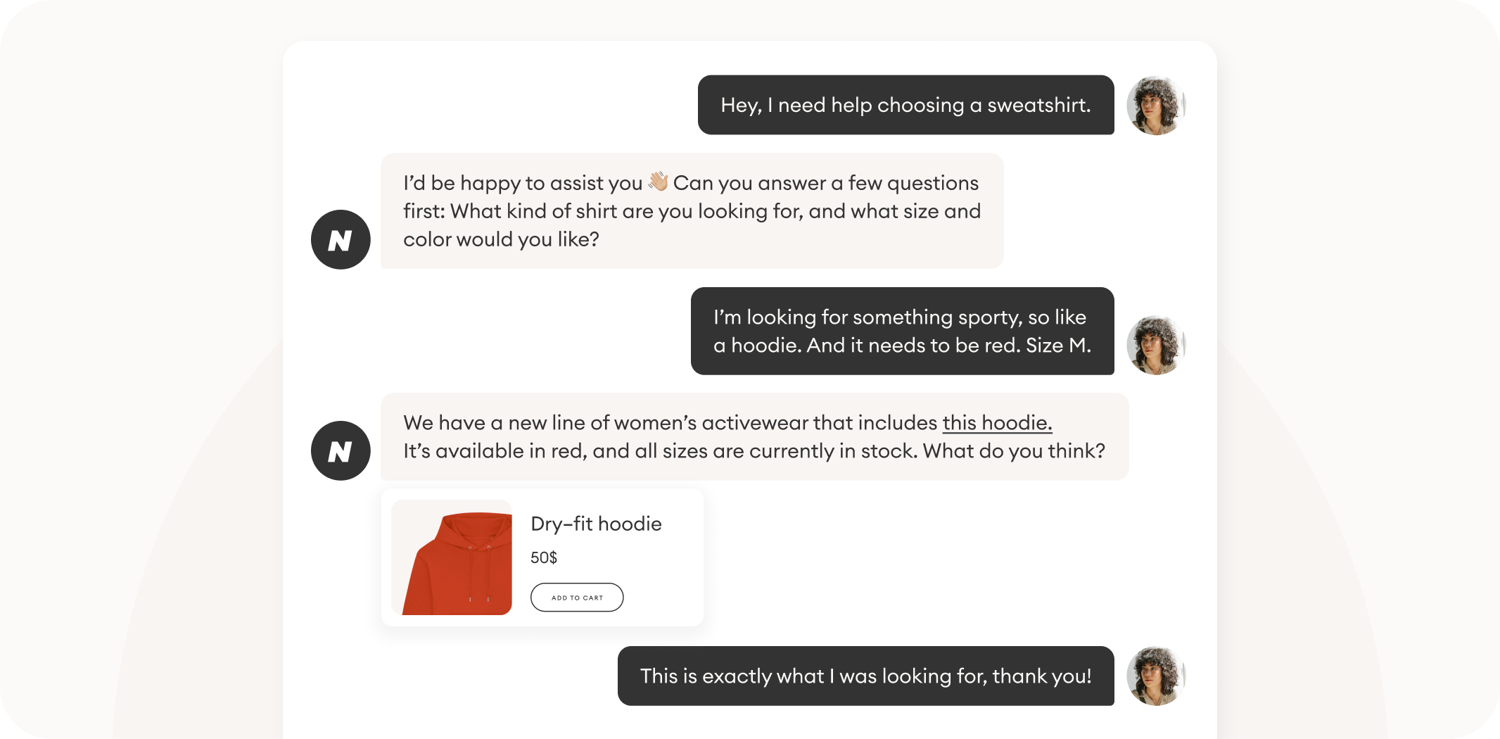 A chatbot conversation with a customer asking for product recommendations