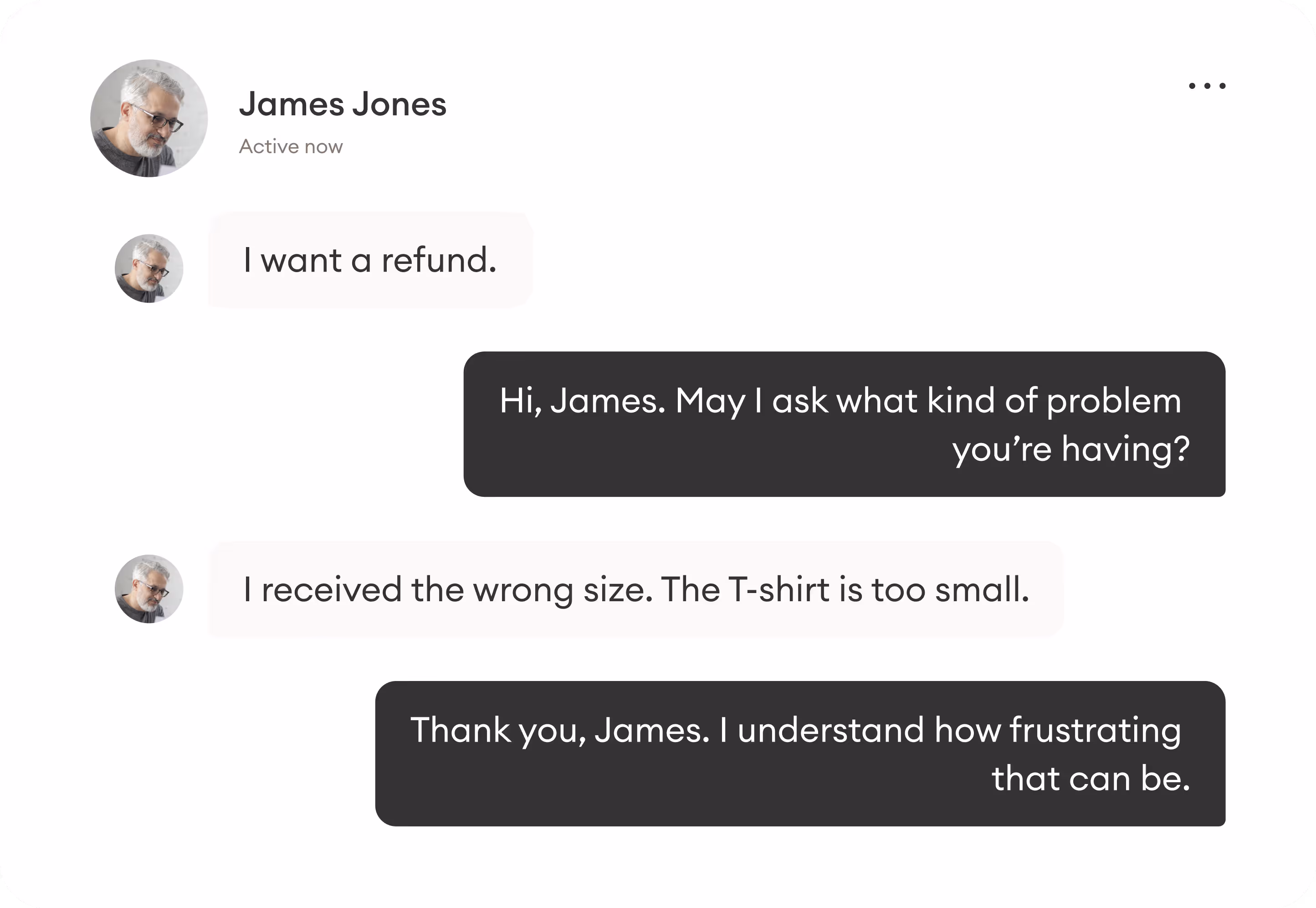 A chat conversation in which the support agents gives empathetic messages.