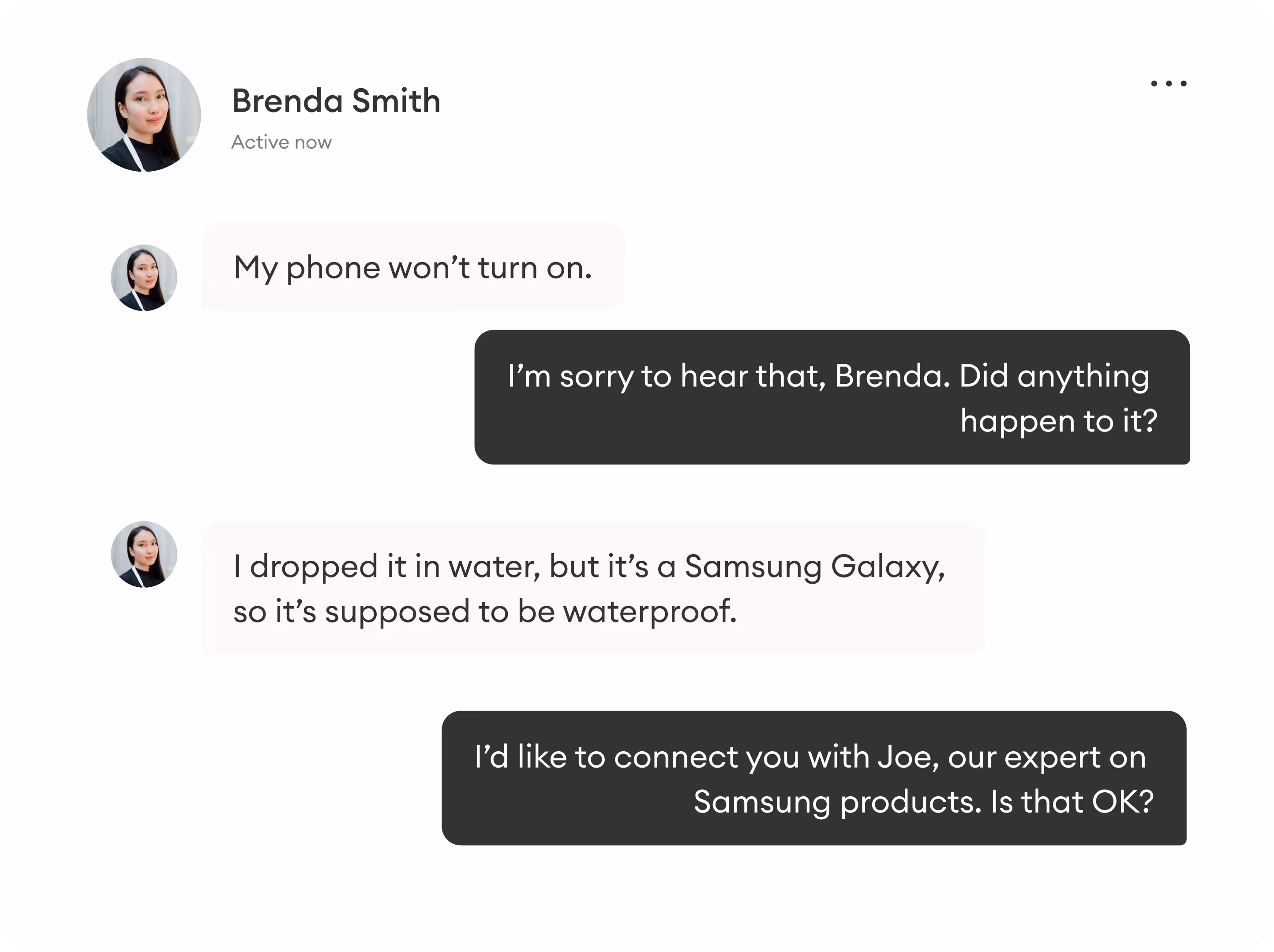 A chat conversation in which a support agent offers to transfer the ticket to a more qualified rep.