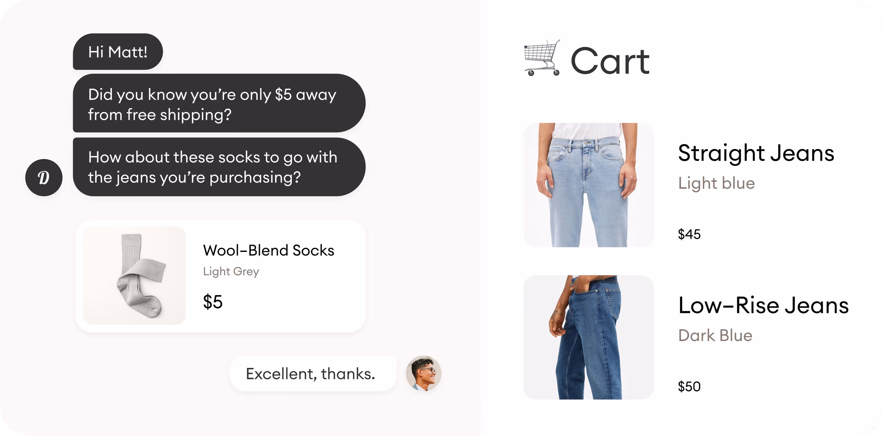 An AI-powered chatbot tells a customer that with a small added purchase, they can qualify for free shipping. The AI customer service software recommends a product to help increase the average order value