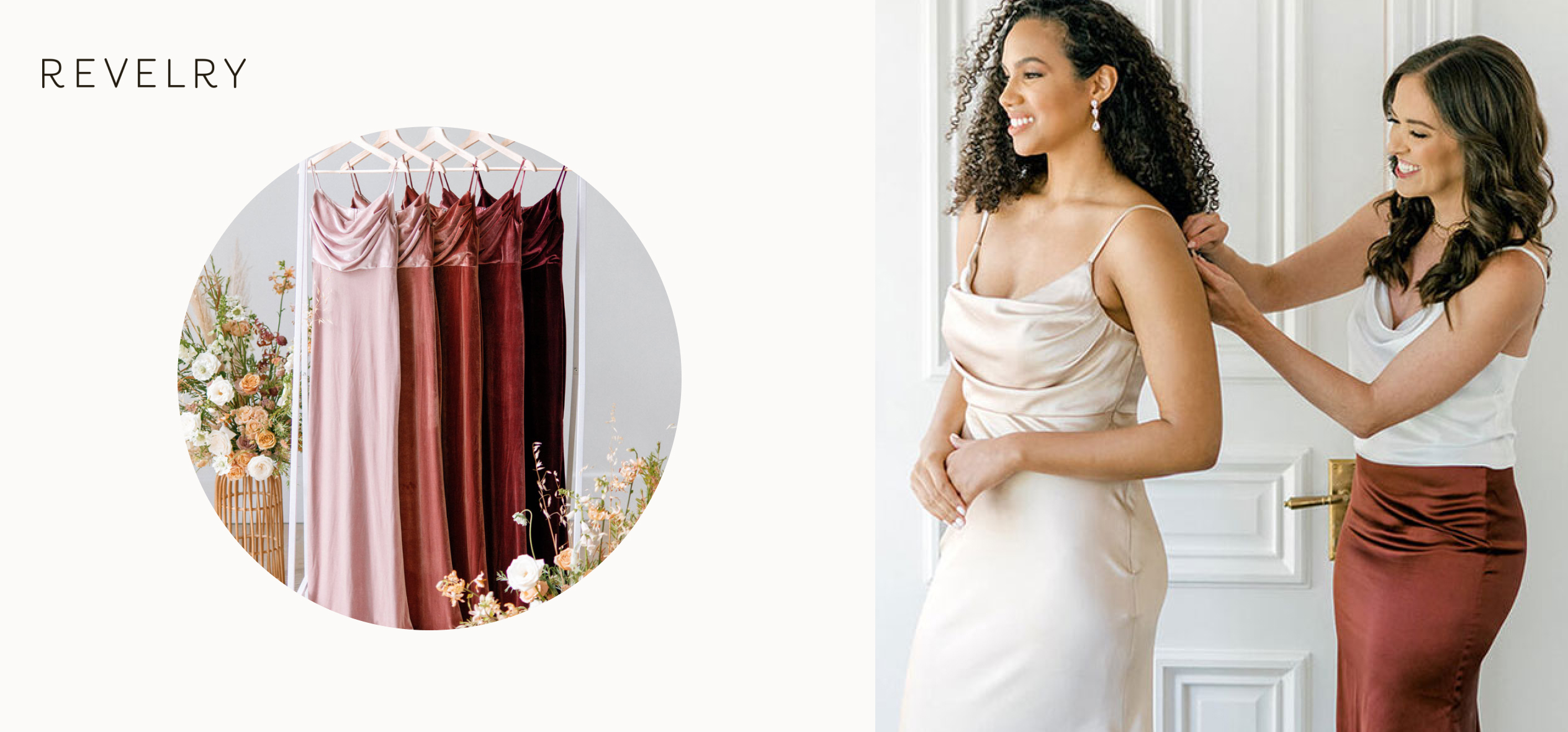 Revelry logo and a woman trying on a wedding dress