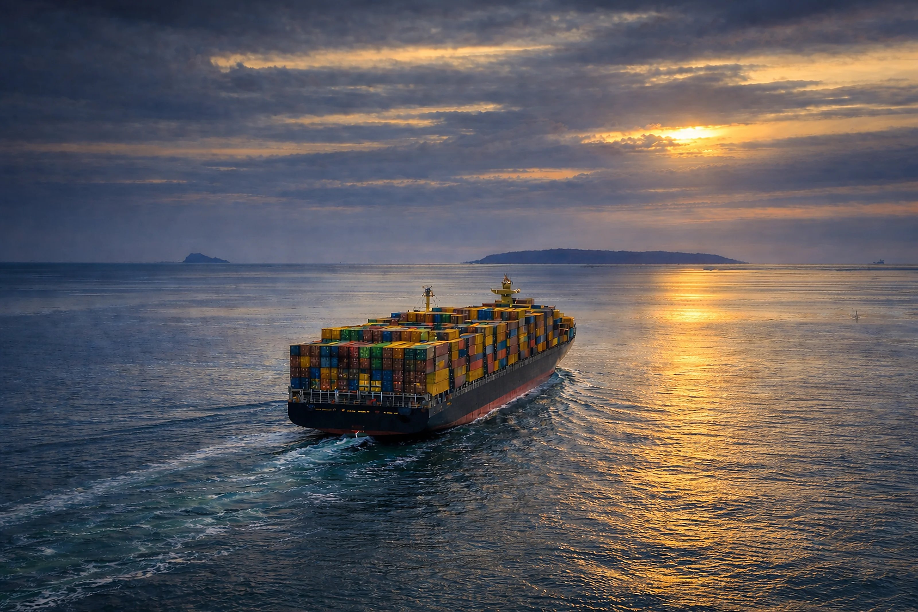 Container ship crossing calm ocean at sunset, representing verified trade and structured delivery.