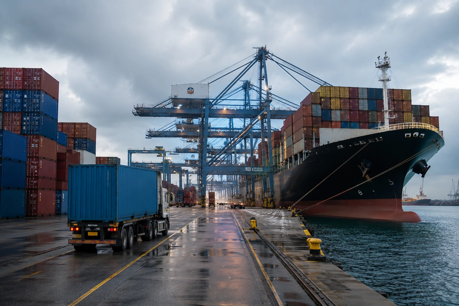Recorded international shipment progressing through structured port logistics infrastructure.