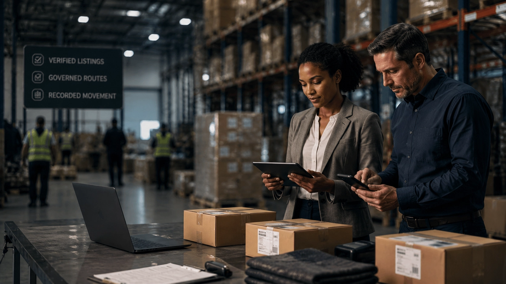 Trade operations team reviewing verified listings and shipment records within a governed warehouse environment for MANIDASO Mart.
