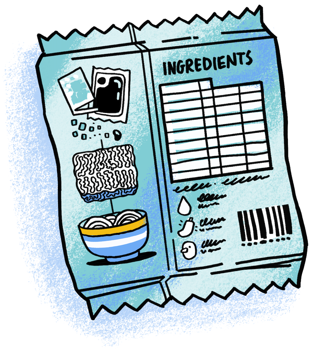 Illustration of a packet of noodles with the the ingredients on the back.