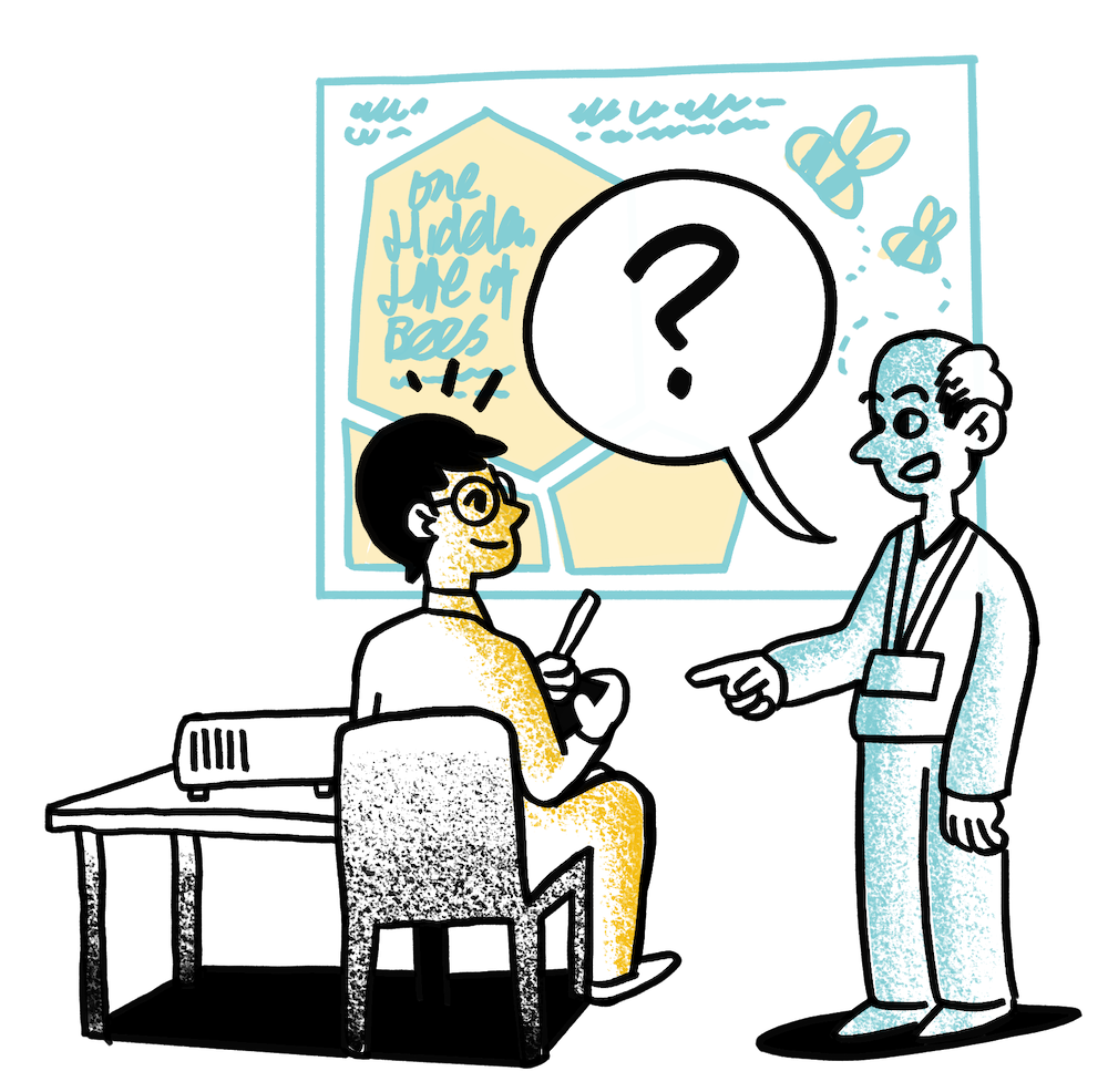 Illustration of a man asking an illustrator a question.