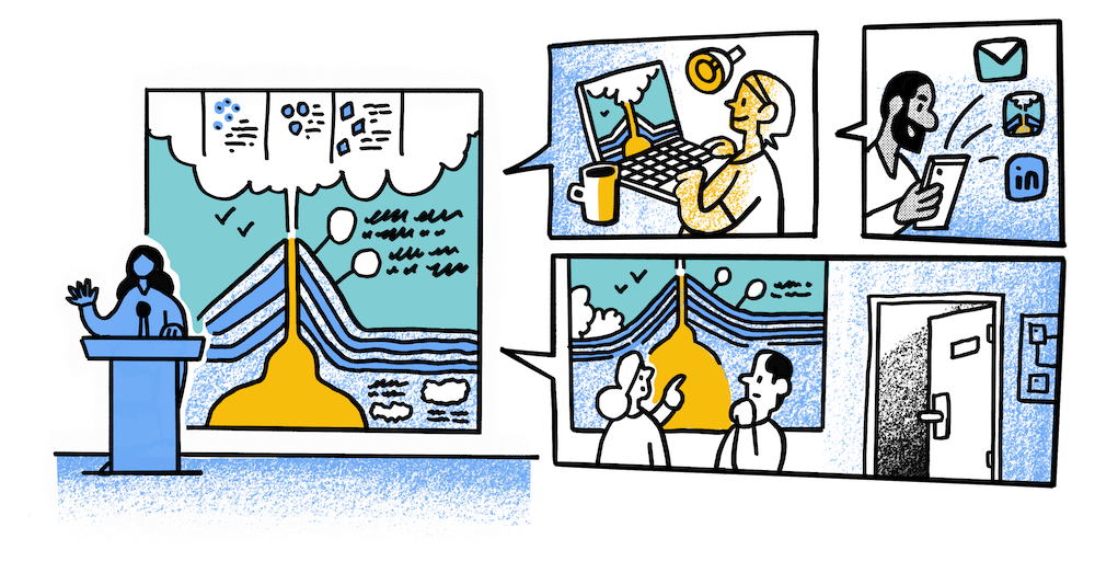 A woman presents in front of a live drawing. In boxes next to her people engage with the drawing on laptops, phones and printed posters.