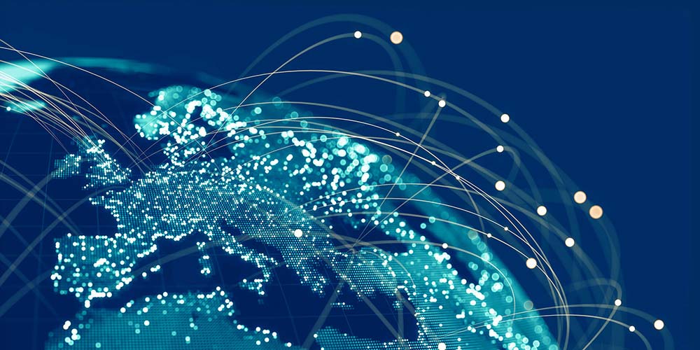 Graphic showing multiple points connecting across the world globe