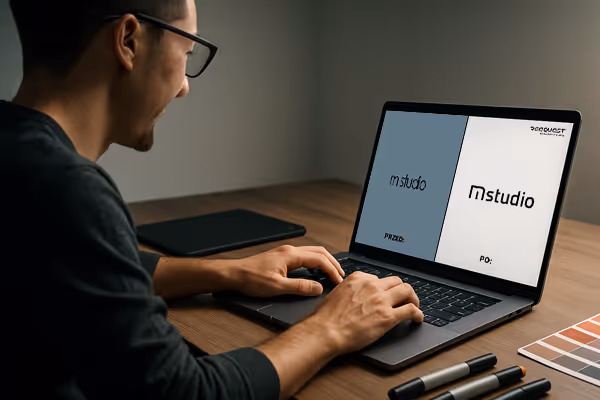 Person working on a laptop displaying two versions of the 'mstudio' logo side by side on a wooden desk with markers and a color palette.
