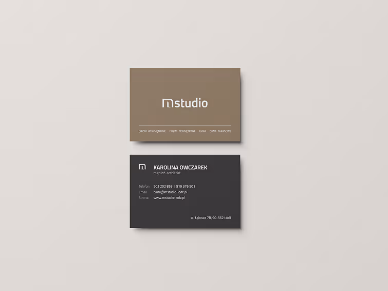 Two business cards for Karolina Owczarek of mstudio; top card brown with mstudio logo, bottom card black with contact details and title architect.