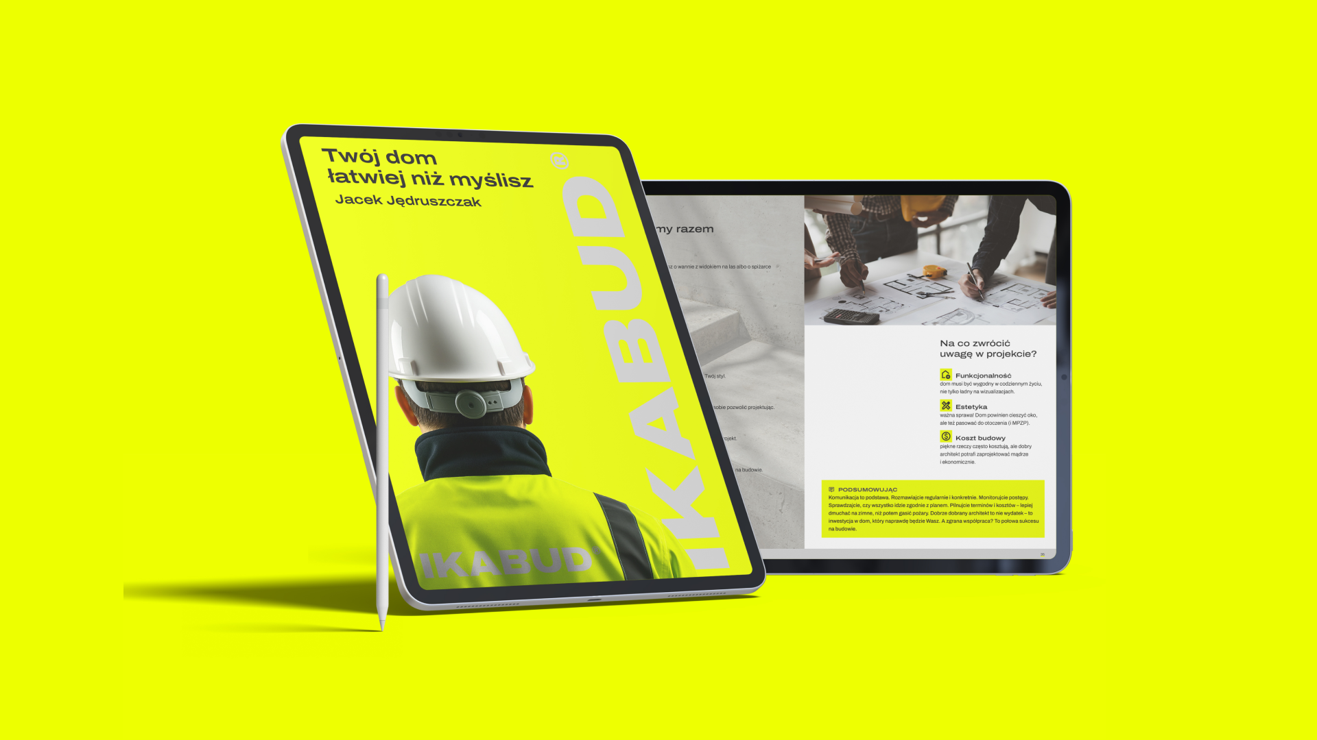 Two tablets against a bright yellow background, one showing a book cover with a person in a white construction helmet and fluorescent jacket, and the other displaying an architectural project page.