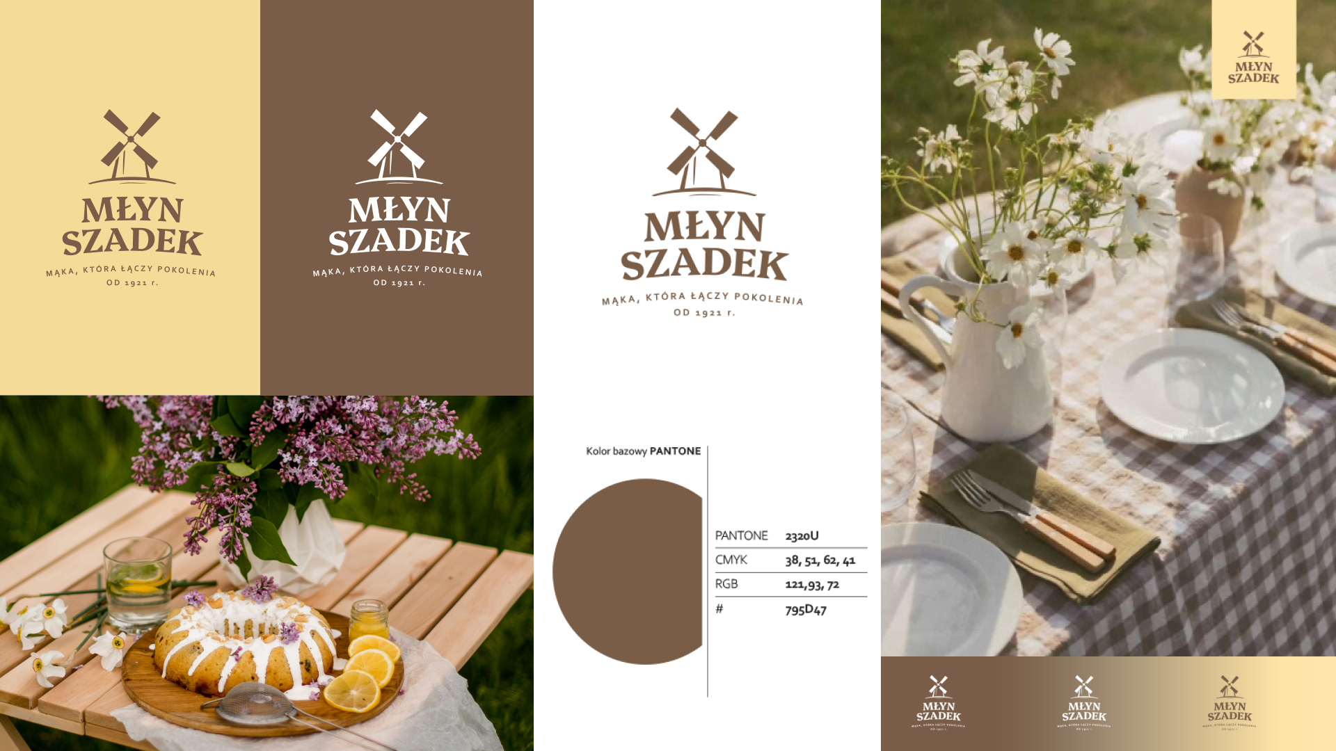 MŁYN SZADEK logo designs with color palette info and outdoor table setting featuring a cake, flowers, and place settings.