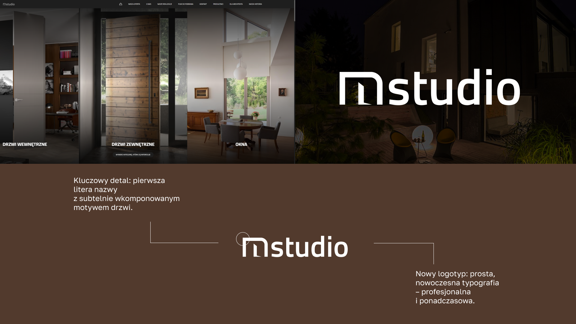 Website showcasing interior and exterior doors and windows with a modern logo featuring a stylized 'n' resembling a door, and descriptive text about the logo design in Polish.